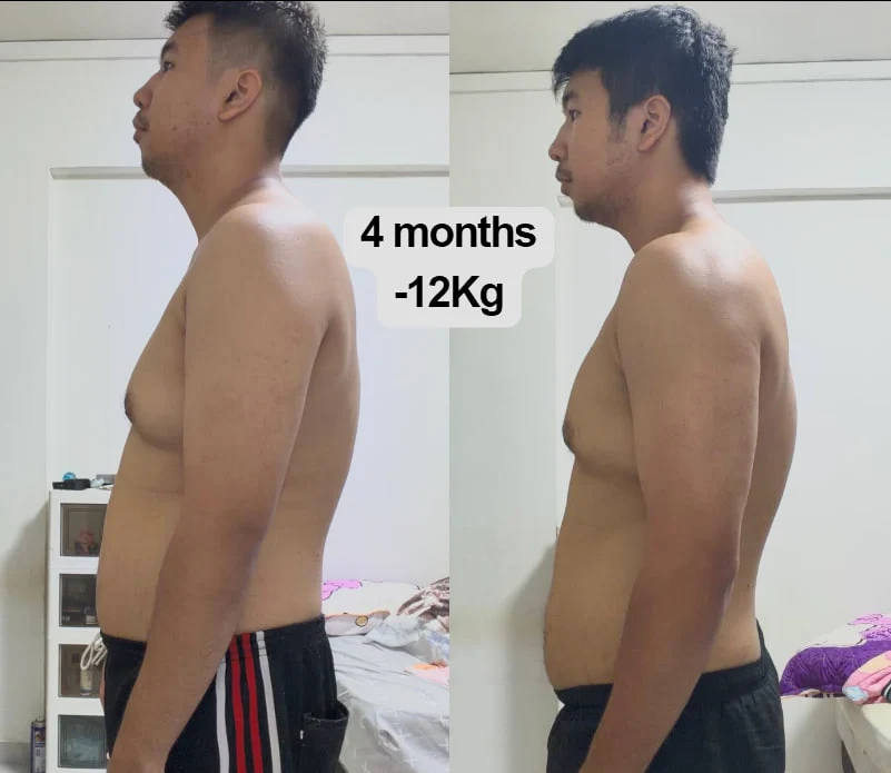 Yijian’s supplied before-and-after photos, labelled 4 months and 12 kg